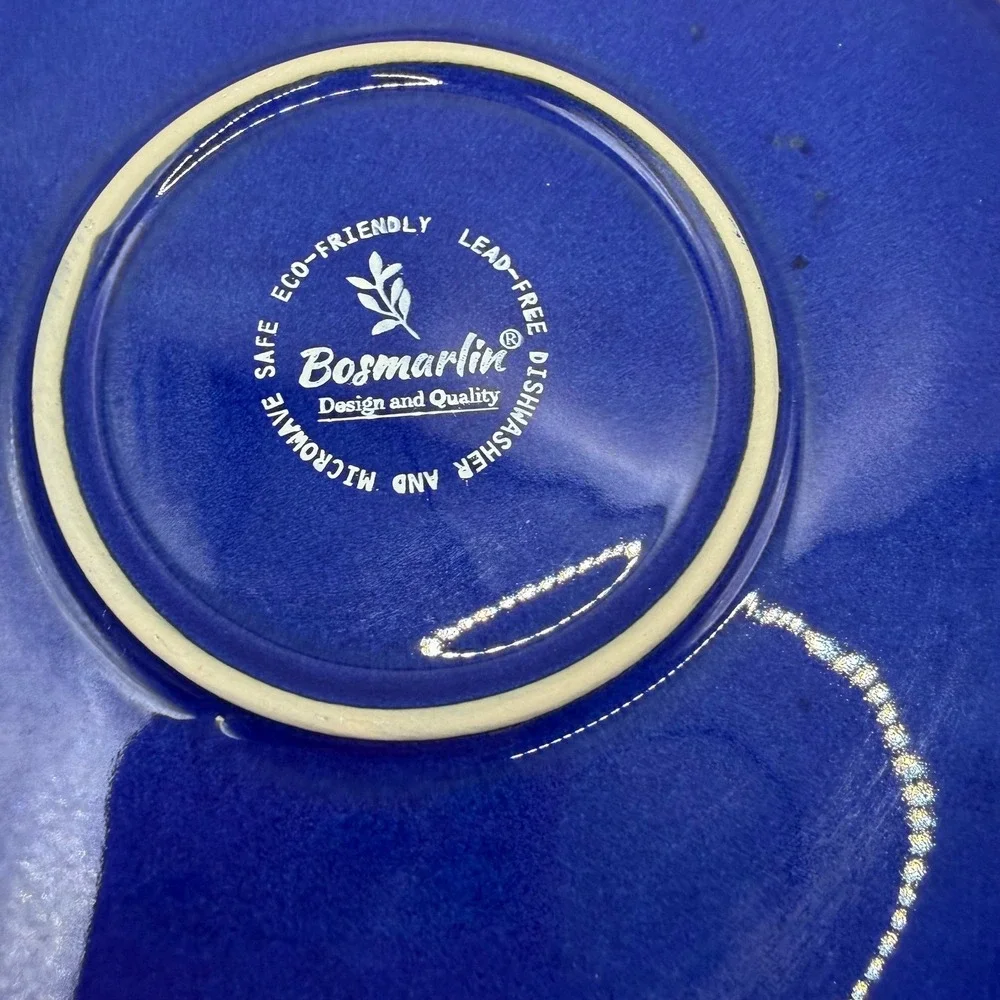 Bosmarlin Cobalt Blue‎ Stoneware Salad Plates Set of 2 Black Rim 8 Inch Ceramic